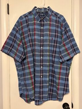 Ralph Lauren Polo Men's S/S Blue Plaid Button-Down "Blake" Shirt XXL/2XL Logo